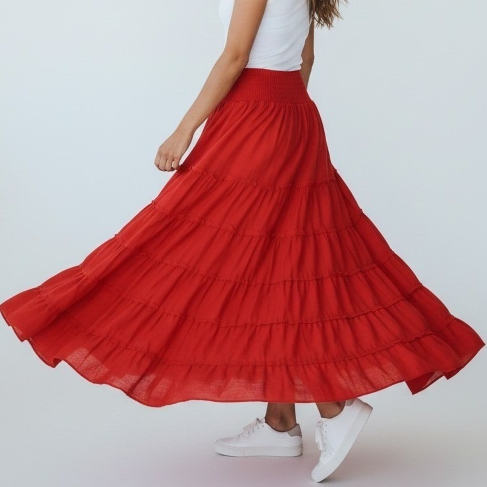 Fashion Bug Red Tiered Midi Skirt Womens‎ Medium Cotton Boho Ruffle Peasant